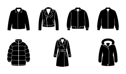 Minimalist jacket icons set, black outerwear silhouettes including puffer coat and leather biker jacket, 7 apparel vector elements for fashion retail © Mamunur