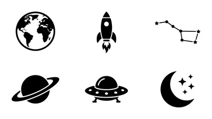 Minimalist space exploration icon set, black solid vector symbols of rocket and planets, 6 astronomy elements for web design and infographics © Sharmin