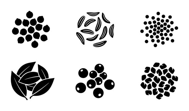 Minimalist spice and herb icons set, black silhouette culinary seasoning vector, organic peppercorn and bay leaf illustrations for kitchen menu design