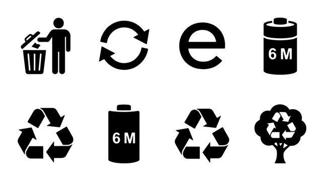 Recycling and environmental icons set, black eco symbols for packaging, 8 vector elements for waste management and sustainability labeling