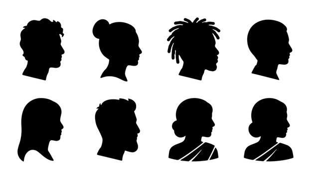 Diverse human profile silhouettes, set of 8 people head icons in side view, black vector avatars with various hairstyles and cultural attire