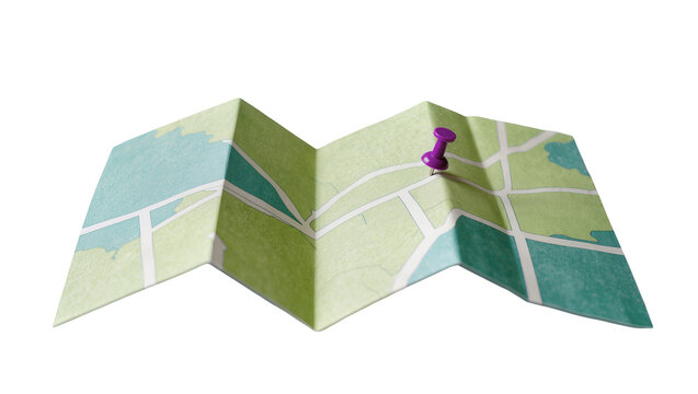 Folded paper map with purple pushpin marking location