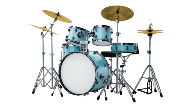 Blue metallic drum kit with cymbals and stands