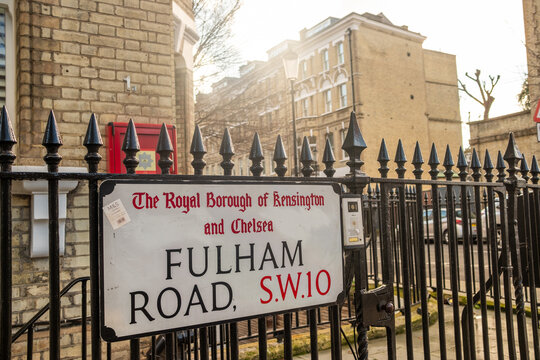 LONDON -  Fulham Road street sign in the Royal Borough of Kensington and Chelsea SW10