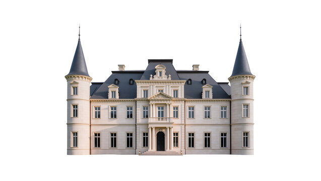 Grey stone castle with two towers and multiple windows