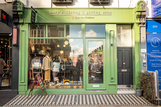 LONDON -  Mary's Living & Giving Shop charity storefront on Fulham Road SW10