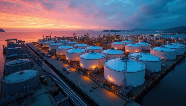 Massive oil terminal with large white tanks on port at dusk. Global energy industry infrastructure for crude oil and gas storage and transport.