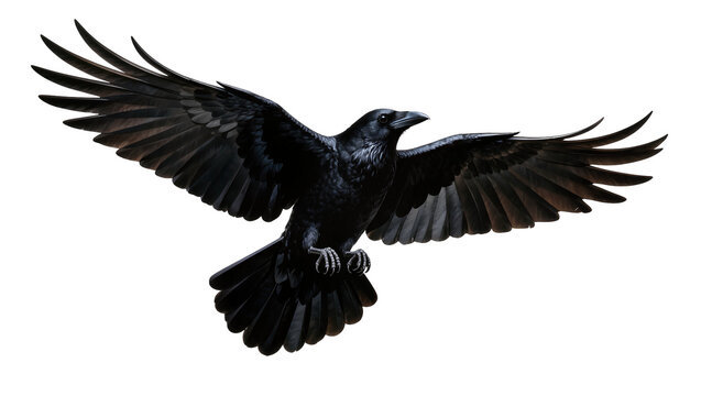 Black crow in flight with fully extended wings and beak open