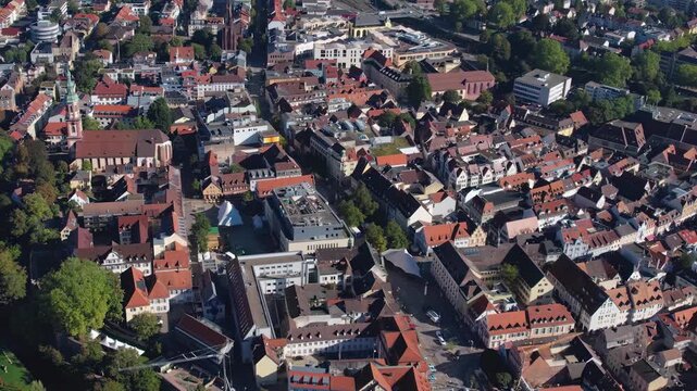  Aerial view around the old town of the city Offenburg, Germany on a sunny spring day