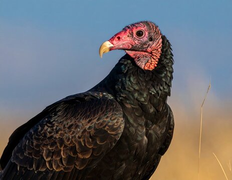 Close-up of a large bird with a red, wrinkly head and a hooked beak. Its dark feathers contrast with the blue sky