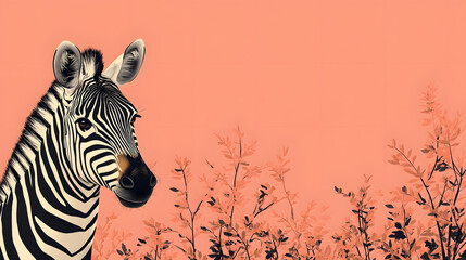 Obraz premium Zebra with striped face stands near plants on a pink background during a creative art session
