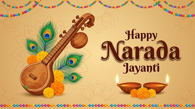 Elegant Narada Jayanti Design with Veena and Musical Notes
