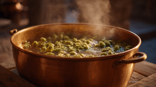 Copper brewing kettle interior splashed with boiling wort, steam rising dramatically, close-up single object detail of hop pellets dissolving in amber liquid, craft beer production process, home bre