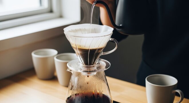 Hand pouring hot water over coffee grounds in a glass cone filter for a drip brew