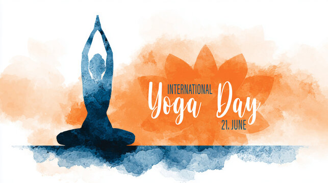 International Yoga Day 21. June celebration greeting card banner with text - silhouette of a woman person in meditation posture, isolated on watercolor background