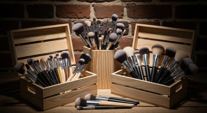 An abundant collection of makeup brushes in wooden crates, elegantly displayed for beauty application and artistry.