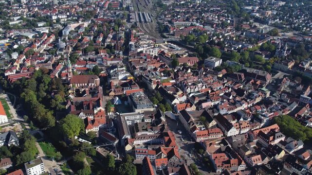  Aerial view around the old town of the city Offenburg, Germany on a sunny spring day