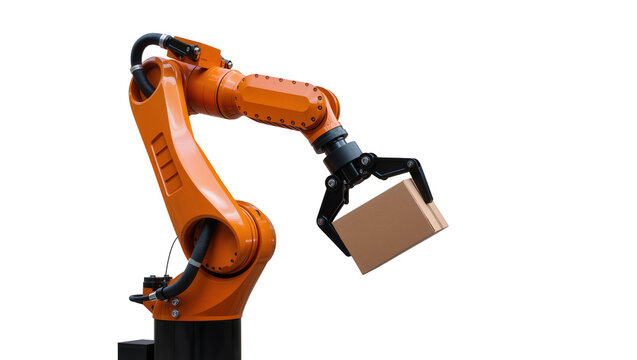 Orange Industrial Robot Arm Holding Brown Cardboard Box