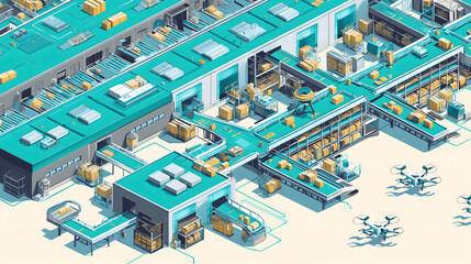 Obraz premium An aerial view of a modern automated distribution center showing parcels moving along conveyor belts and delivery drones waiting to transport goods in a logistics facility