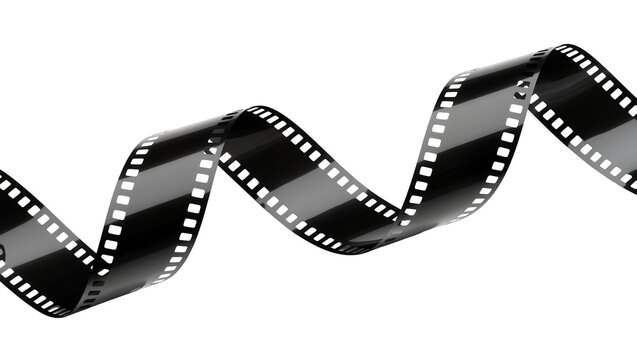 Curled glossy black film strip with perforation details