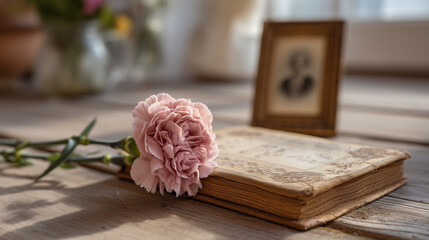 Naklejka premium Symbolic still life of wilted Mother's Day carnation beside grief journal and framed black and white photo, honoring a mother who has passed, loss on Mother's Day, grief and love coexist, neutral ba