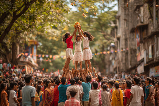  Devotees build a human pyramid to grab a modak during Ganesh Chaturthi celebration.
