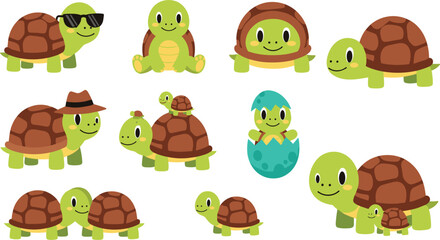 Obraz premium Cute Cartoon Turtle Collection with Funny Characters Baby Hatchling and Family Tortoise Set for Kids Illustration and Animal Design