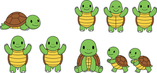 Fototapeta premium Cute Cartoon Turtle Character Poses Set with Happy Smiling Tortoise Standing Walking Sitting for Kids Illustration and Animal Design Collection
