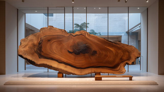 Old growth Douglas fir cross section on display at a forest museum, rings showing five hundred years of drought and growth, ancient tree slice, dendrologist education, temperate forest history, timb
