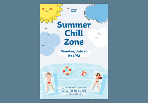 Editable Summer Chill Zone Pool Party Flyer Design for Summer Event Promotion.