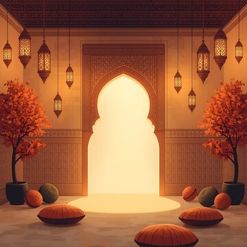 Islamic display podium decoration background with moque window lantern, ramada kareem, mawlid, iftar, isa miraj, eid al fitr adha,muharram, 3D illustration 
