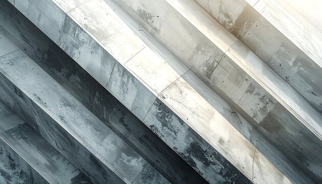 Close-up of concrete structure with angled, parallel surfaces. Light and shadow create strong contrast and form abstract patterns