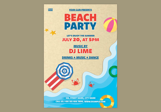 Editable Summer Beach Party Flyer Template Design with Pool Elements for Club Event Promotion.