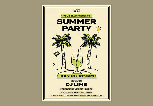 Editable Summer Party Flyer Template Design with Tropical Palm Trees Illustration for Club Event Promotion.