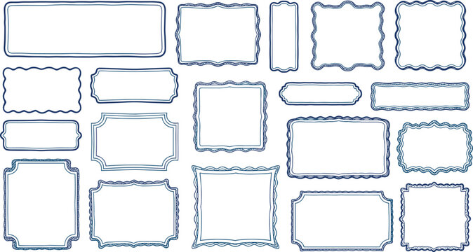 Blue hand drawn ornamental frames and vintage borders set of decorative rectangular shapes on transparent layers.