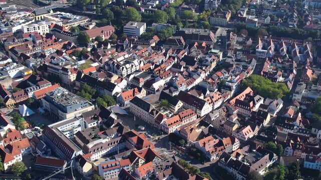  Aerial view around the old town of the city Offenburg, Germany on a sunny spring day