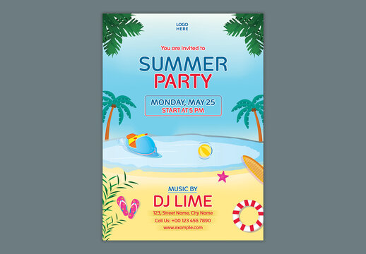 Editable Summer Party Flyer Template Design for Beach Event Promotion with Tropical Theme.