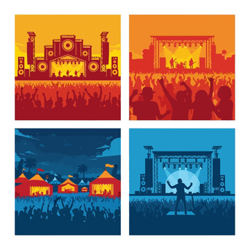 Vibrant Music Festival Scenes: Stage, Crowd, Tents, and Performance