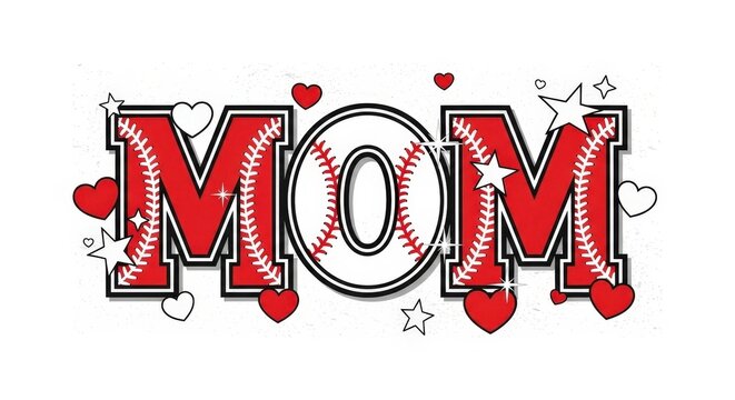 Bold red and white stitched baseball style "mom" text with hearts and stars, flat mother letter