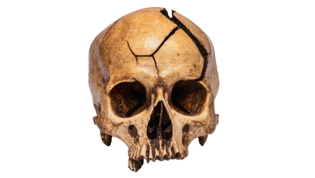 Antique human skull with cracked crown and visible bone texture