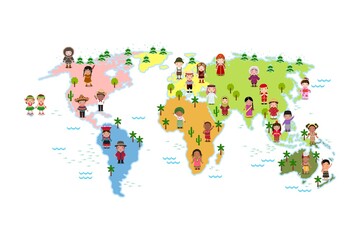 Obraz premium Colorful illustrated world map featuring children in traditional clothing from different cultures across continents, shown from a top-down perspective with playful icons, highlighting global diversity