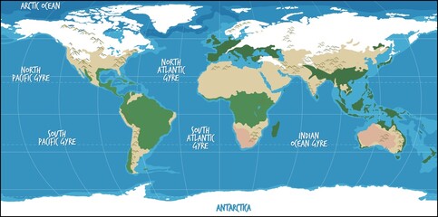 Detailed illustrated world map highlighting major ocean gyres and continents, shown from a global top-down perspective with labeled currents, mountains, and ecosystems in a clean educational style. © Umm Hamzah