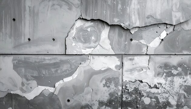 Close-up of cracked and peeling plaster on weathered tiles in monochrome