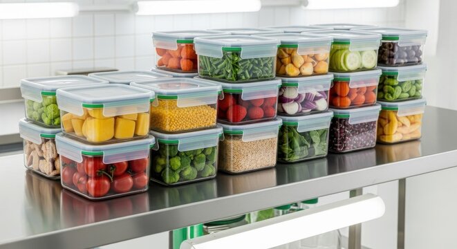 Neat rows of airtight food storage containers filled with fresh ingredients and produce