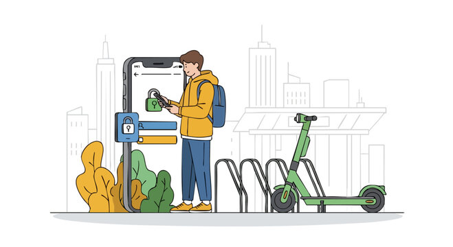 Man Unlocking Electric Scooter via Smartphone App in City