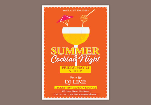Editable Summer Cocktail Night Party Flyer Design for Beach Club Event Promotion in Orange and White Theme.
