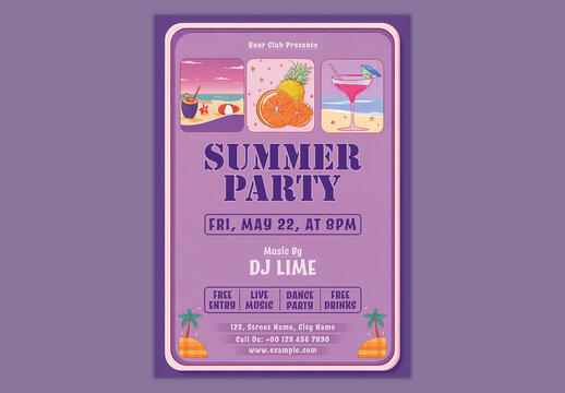 Editable Summer Party Flyer Template Design with Beach Theme in Purple Color for Event Promotion.