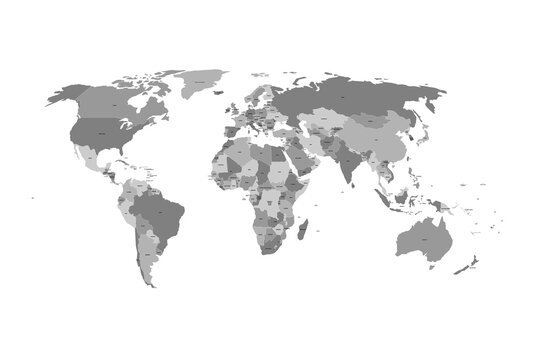 Detailed grayscale world map with clearly labeled countries and borders, shown from a flat top-down perspective. Minimalist cartographic design emphasizes geographic accuracy and global reference.