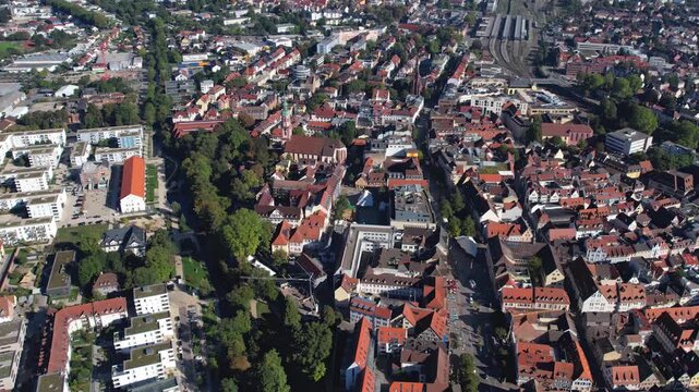  Aerial view around the old town of the city Offenburg, Germany on a sunny spring day