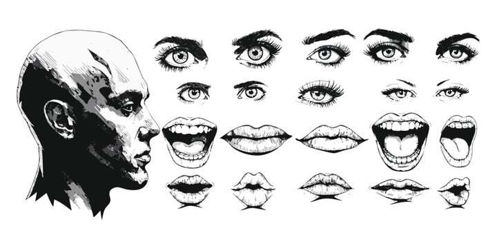 A funny cartoon set of monster skulls and hipster heads featuring diverse people with glasses, beards, and fashion sunglasses in a black silhouette vector drawing illustration.